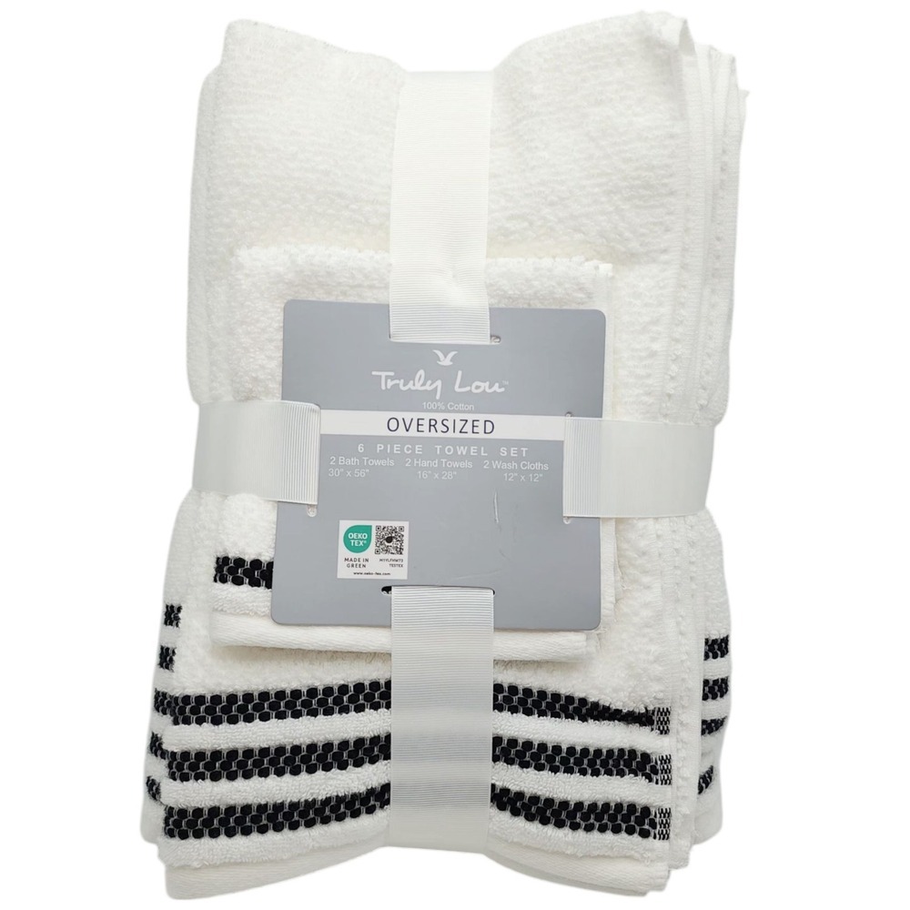 Truly Lou 6pc White Oversized Soft Cotton Towel‎ Set 2 Bath 2 Hand 2 Wash